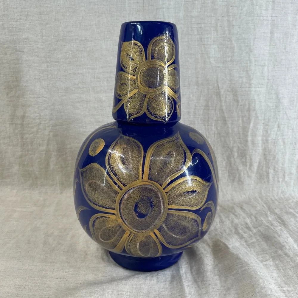 Cobalt Blue Gold Floral Tonala Bedside Water Carafe Ceramic Vase Eclectic Decor